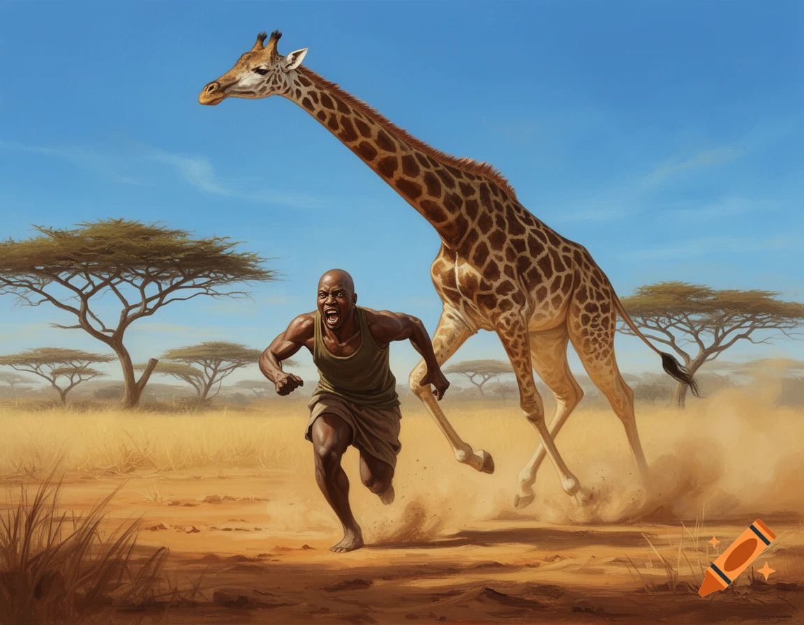 A bald man in a tank top runs screaming through a sunny savanna, pursued by a giant giraffe kicking up dust. Illustrated style.