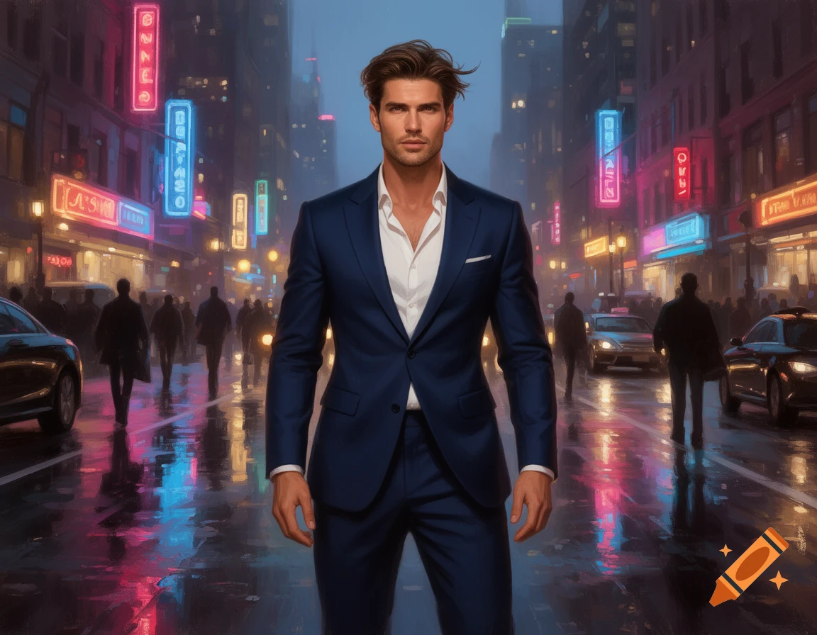 A confident man in a blue suit and white shirt stands on a wet city ...