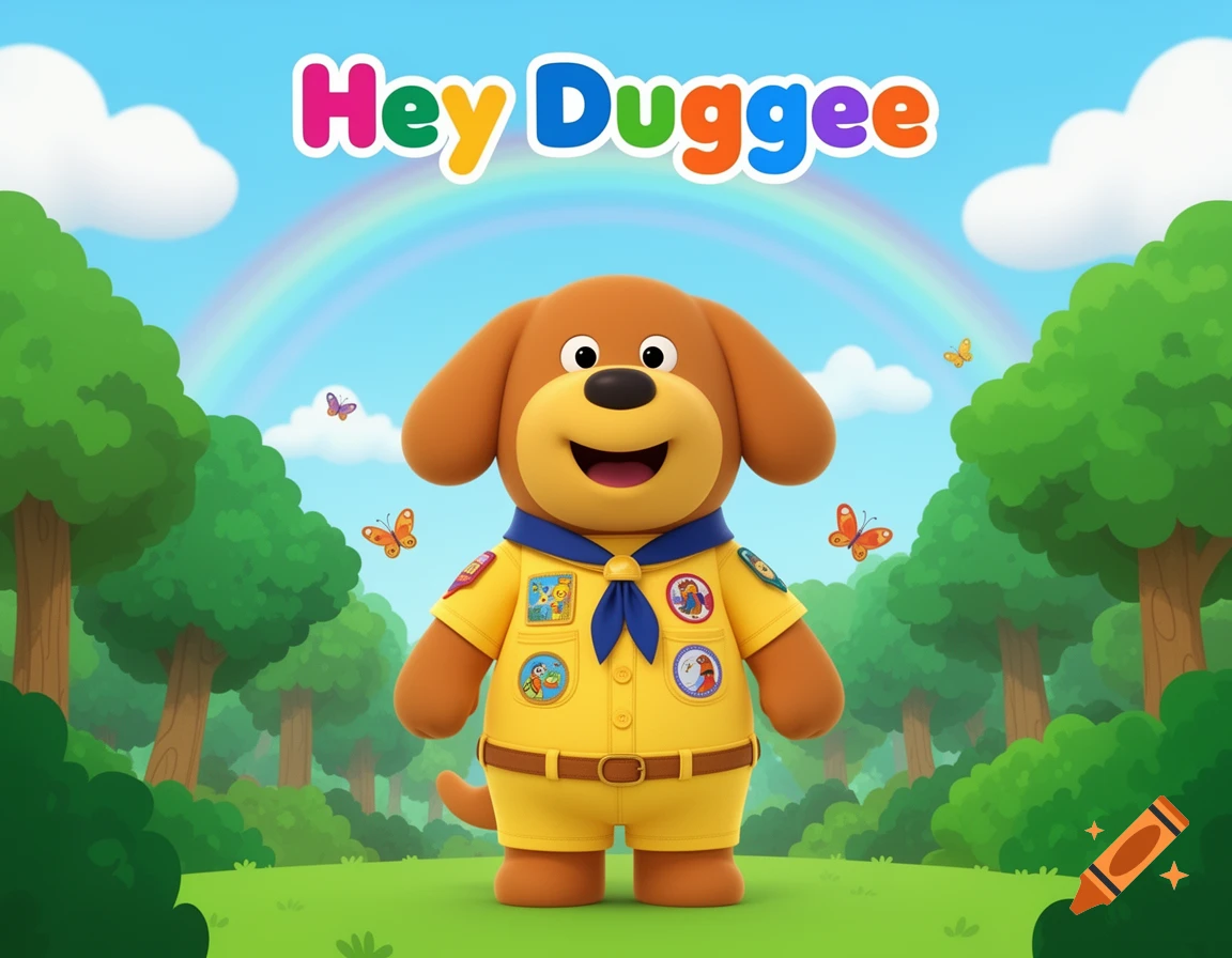 A smiling brown cartoon dog wearing a yellow scout uniform with badges stands in a green forest under a blue sky with a rainbow and butterflies. The text 'Hey Duggee' is above him.