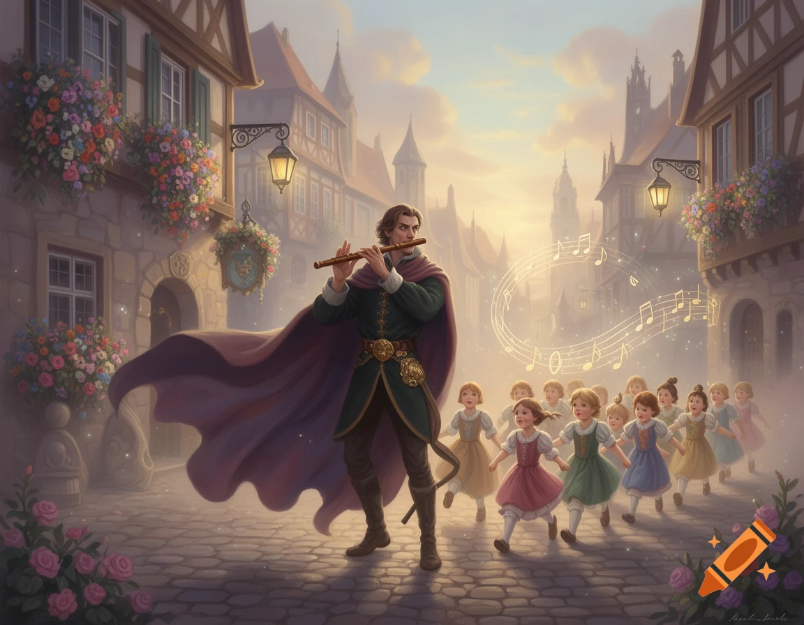 A man in a green tunic and flowing purple cape plays a flute, leading a group of children through a cobblestone street in a charming old European town. Musical notes float in the air.