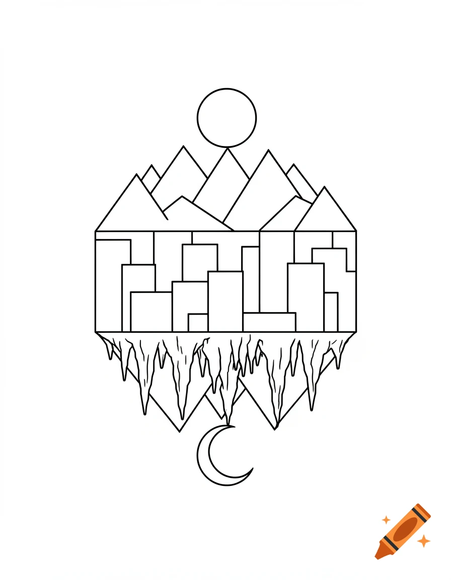 Minimalist black and white line art depicting an optical illusion: mountains with a sun above a city, which inverts to stalactites with a moon below urban roofs.