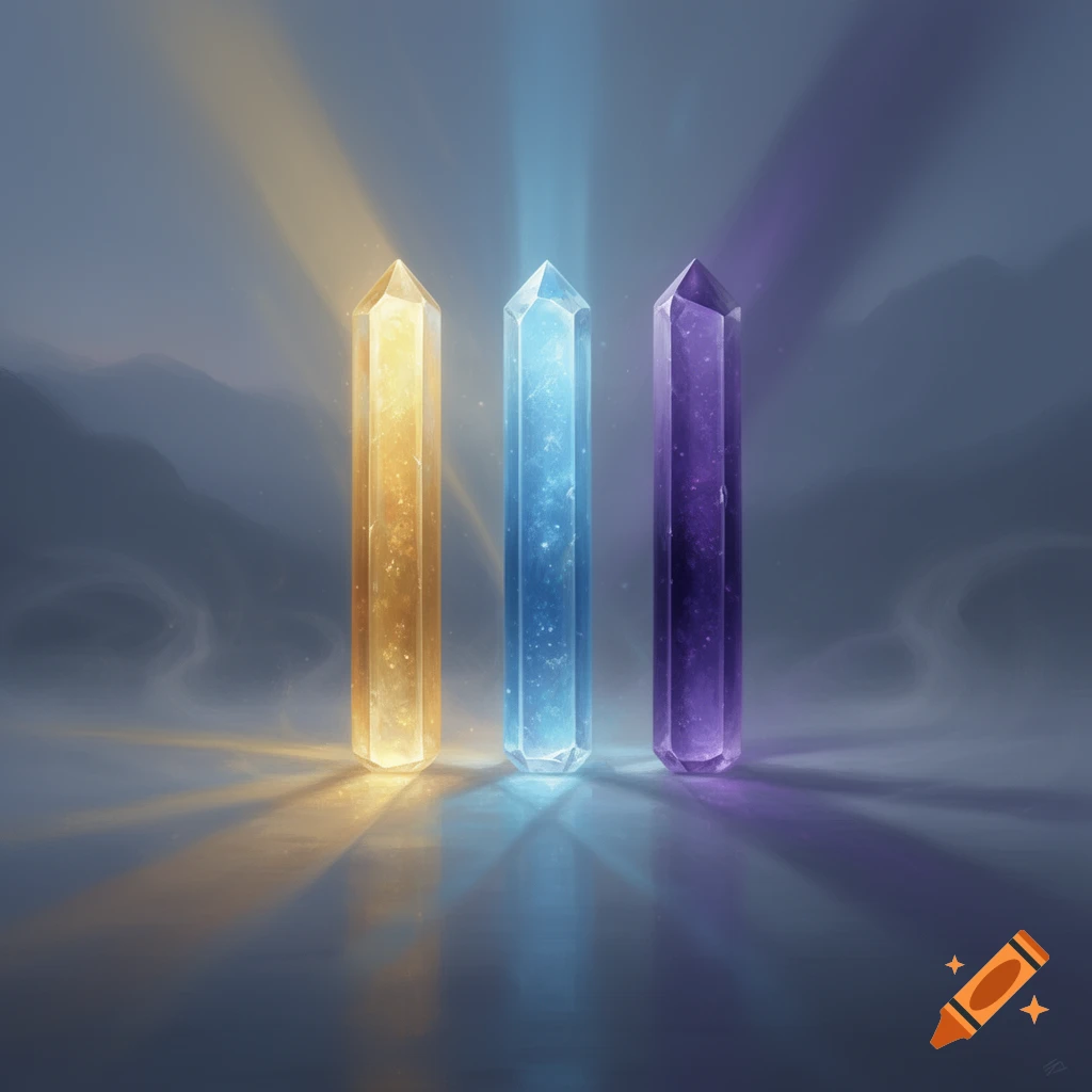 Three luminous crystals in gold, blue, and purple stand vertically, casting light and reflections on a mystical surface.