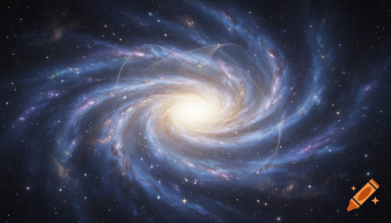 A vibrant spiral galaxy with a bright, luminous core and swirling arms, set against a dark, star-filled cosmic background.