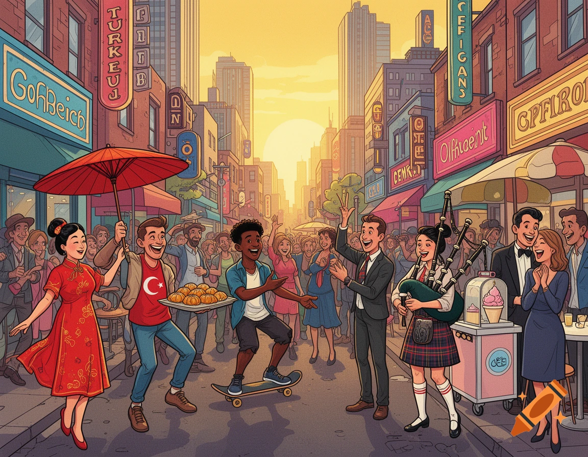 A bustling comic-style street scene at sunset, with diverse people from different cultures celebrating, including a Chinese woman, a Turkish man, a Scottish bagpiper, and a skateboarder.