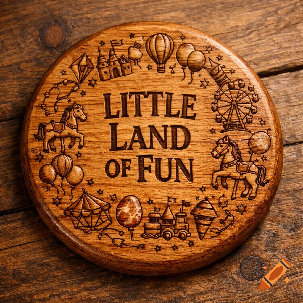 A round wooden coaster engraved with 'LITTLE LAND OF FUN' surrounded by whimsical carnival illustrations including a Ferris wheel, carousel horses, balloons, and castles.