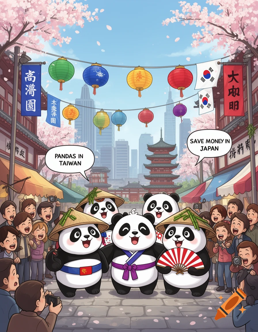 A vibrant cartoon illustration shows four happy pandas in straw hats, with a large crowd of smiling people taking pictures around them in an East Asian street setting. Cherry blossoms frame the top, and various lanterns and flags (including South Korean) hang above. Speech bubbles read "PANDAS IN TAIWAN" and "SAVE MONEY IN JAPAN".