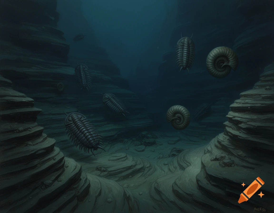 An illustration of trilobites and ammonites swimming among deep-sea sedimentary rock formations in a dim, dark blue underwater environment.