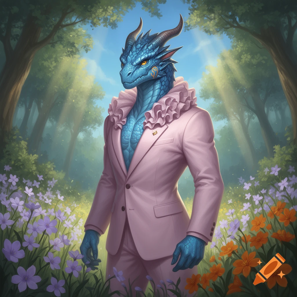 A blue dragonborn in a ruffled pink blazer stands in a sunlit forest among purple and orange wildflowers.