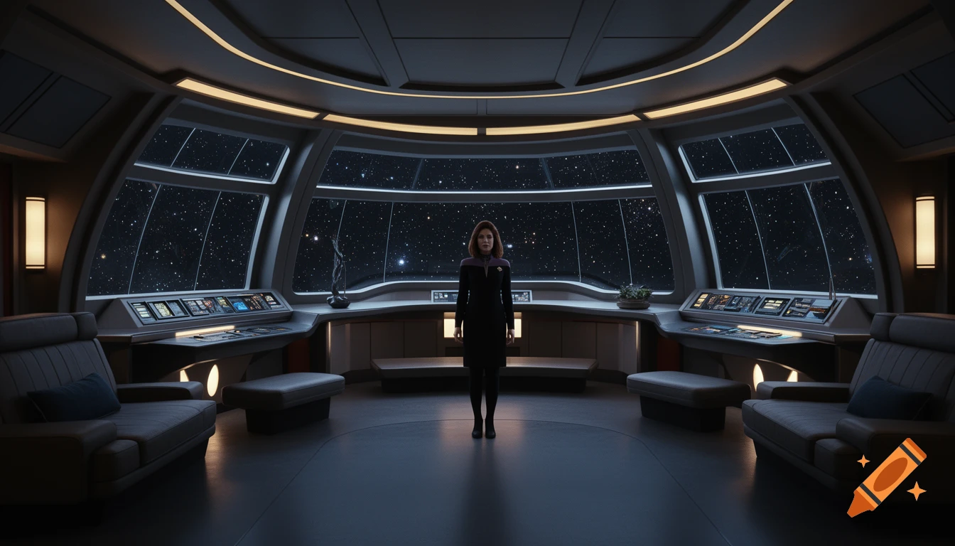 A woman stands on a brightly lit futuristic spaceship bridge with large windows revealing a starfield.