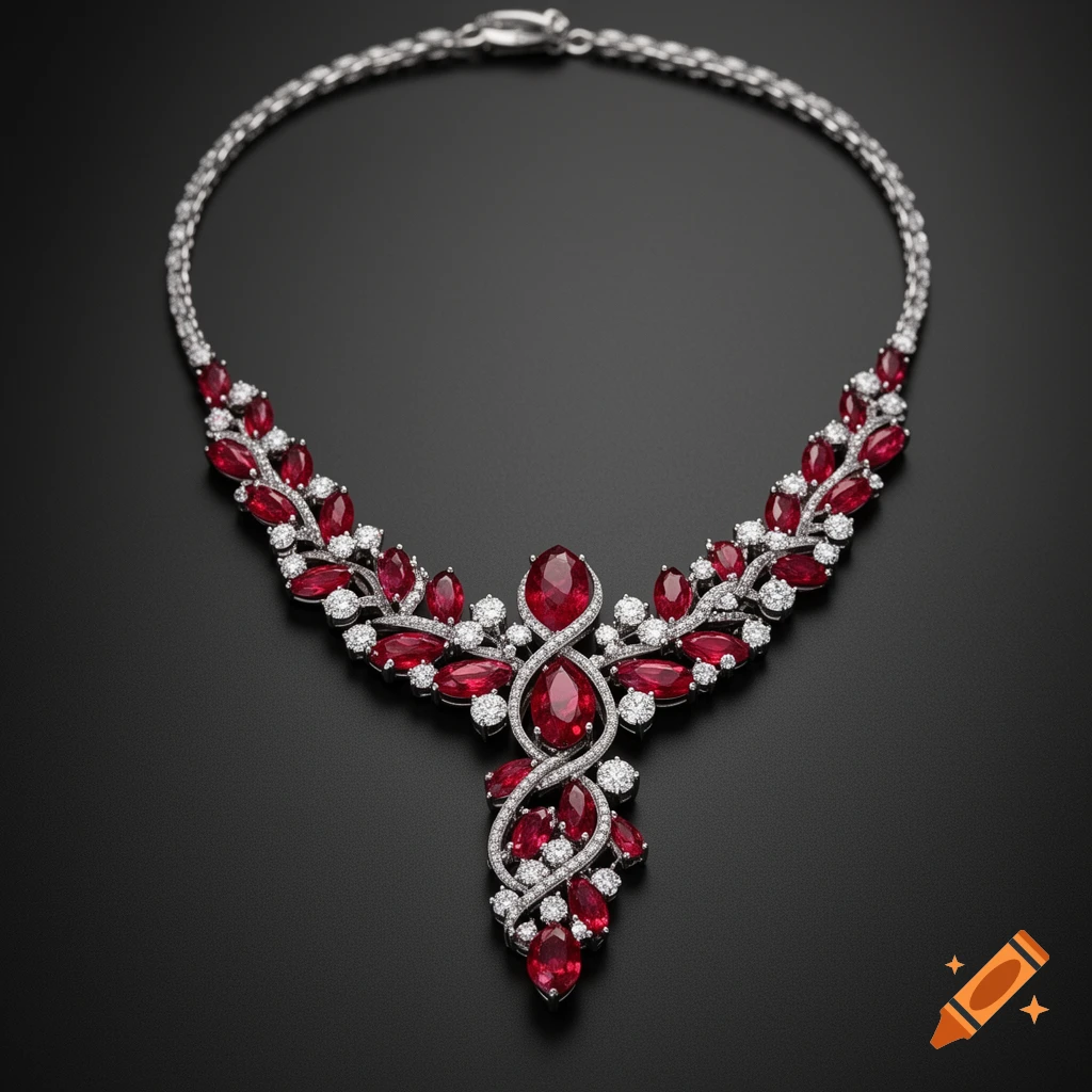An ornate silver necklace featuring marquise and pear-shaped rubies and sparkling round diamonds against a dark background.