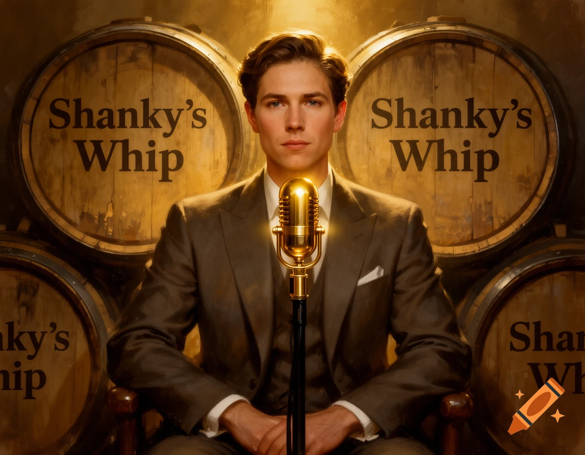 A man in a brown suit sits with a vintage microphone in front of wooden whiskey barrels labeled 'Shanky's Whip' in a photorealistic style.