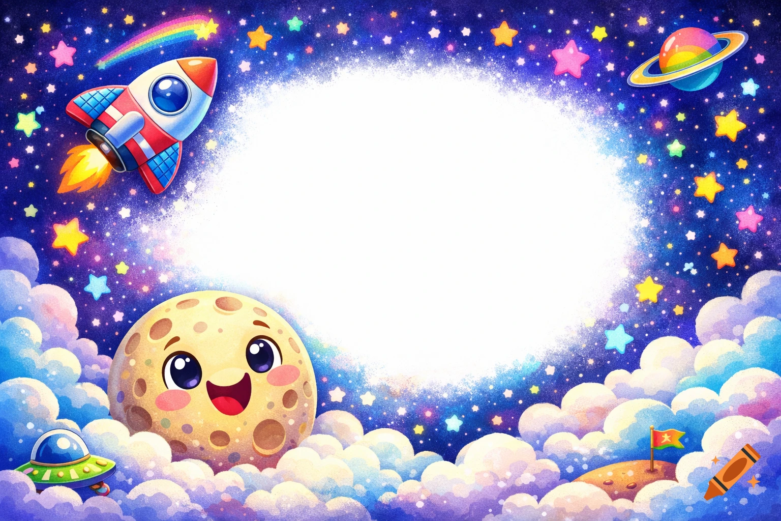 Whimsical cartoon space background with a happy moon, a rocket, a ringed planet, colorful stars, and clouds surrounding a large blank white space.