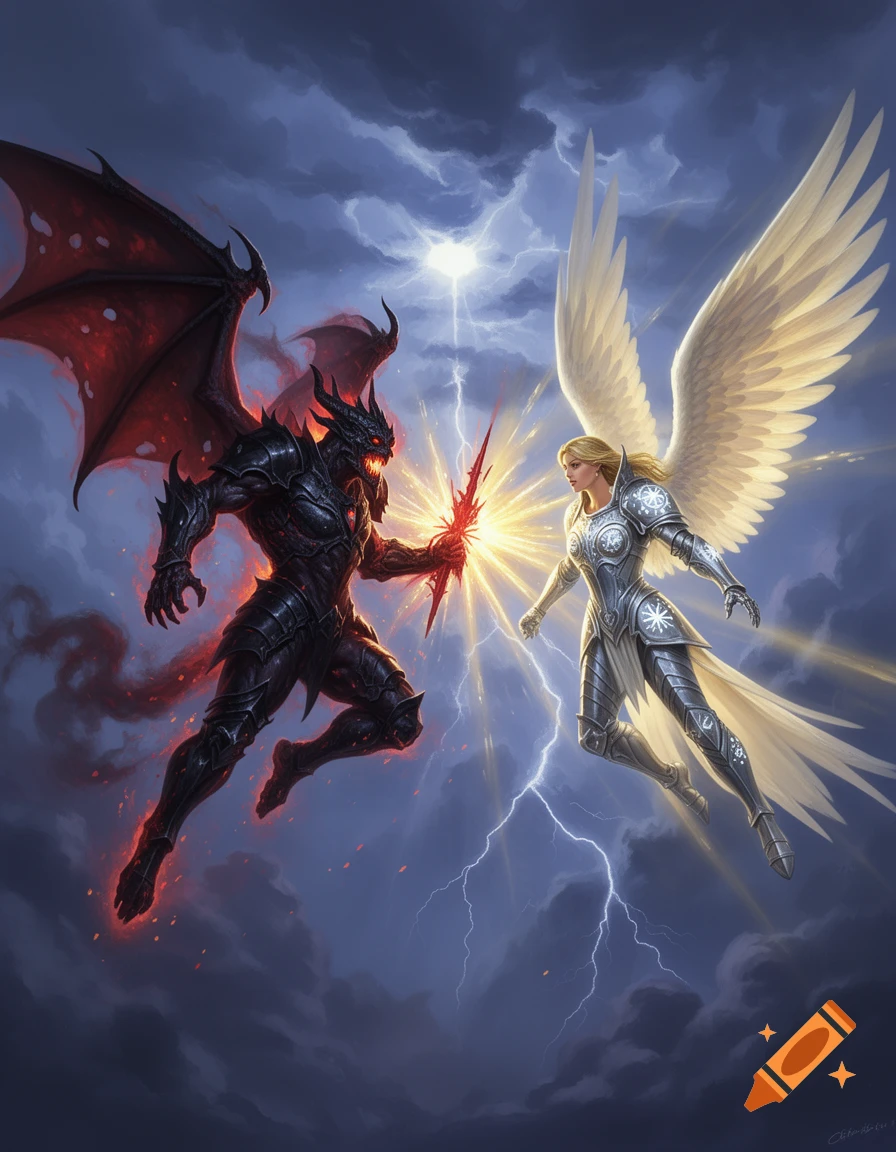 A winged demon and an armored angel battle, clashing energy in a stormy, lightning-filled fantasy sky.