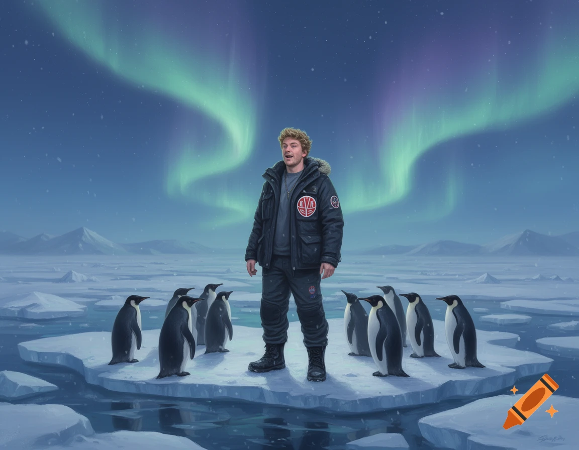 A man with curly blonde hair and a winter jacket stands on an ice floe surrounded by penguins under a green and purple aurora borealis.