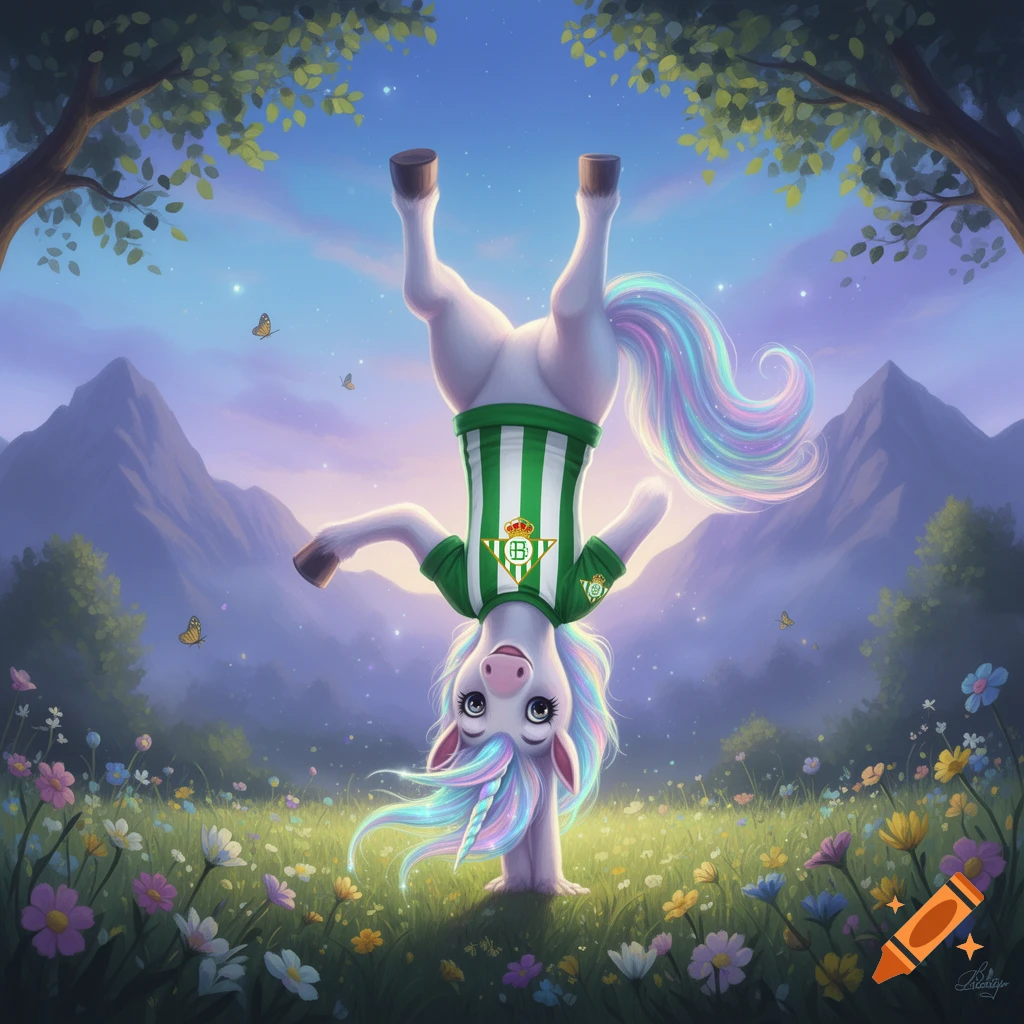 A cute unicorn with a rainbow mane and tail does a handstand in a green and white striped Real Betis shirt in a vibrant flower field.