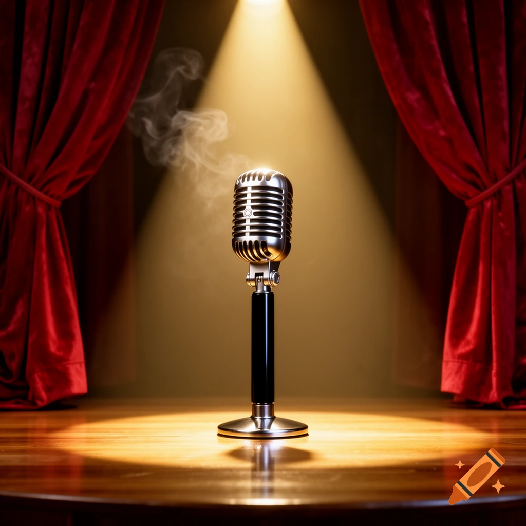 A retro silver microphone stands centered on a wooden stage, illuminated by a spotlight, with red velvet curtains in the background.
