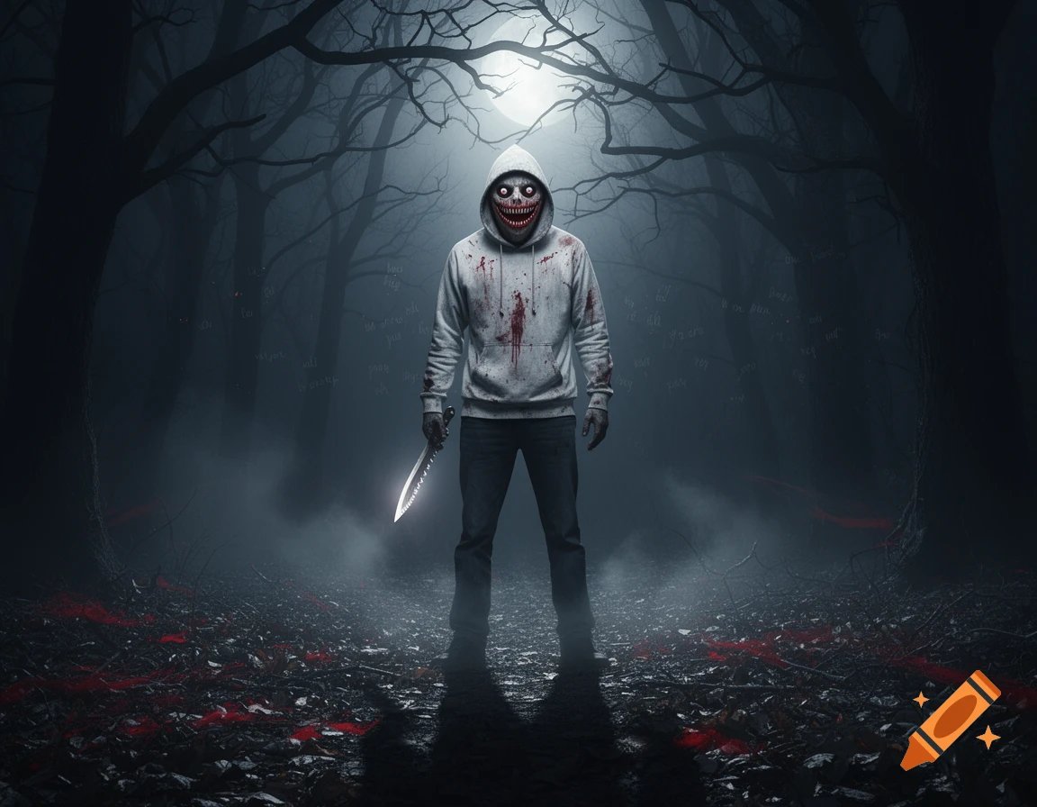 A creepy figure in a bloody white hoodie with a distorted, grinning face and red eyes stands in a dark, foggy forest, holding a glowing knife.