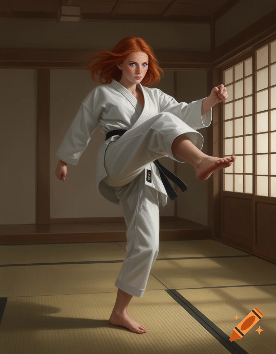 Realistic painting of a red-haired woman with freckles in a white karate gi performing a front kick barefoot in a dojo.
