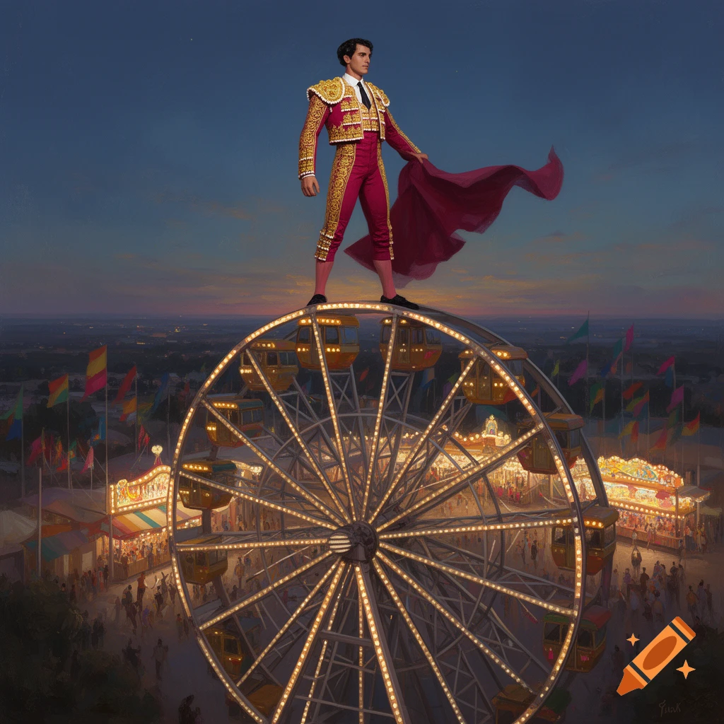 A matador in a red and gold suit stands atop a glowing Ferris wheel at a bustling fairground at dusk, painted art style.