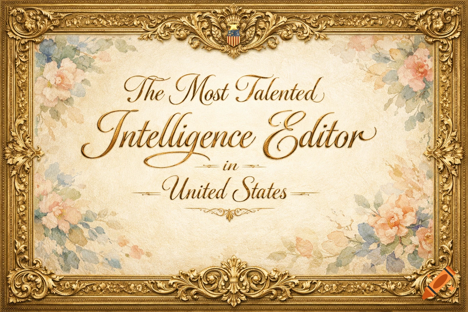 Vintage award certificate with an ornate golden frame, watercolor flowers, and the text 'The Most Talented Intelligence Editor in United States'.