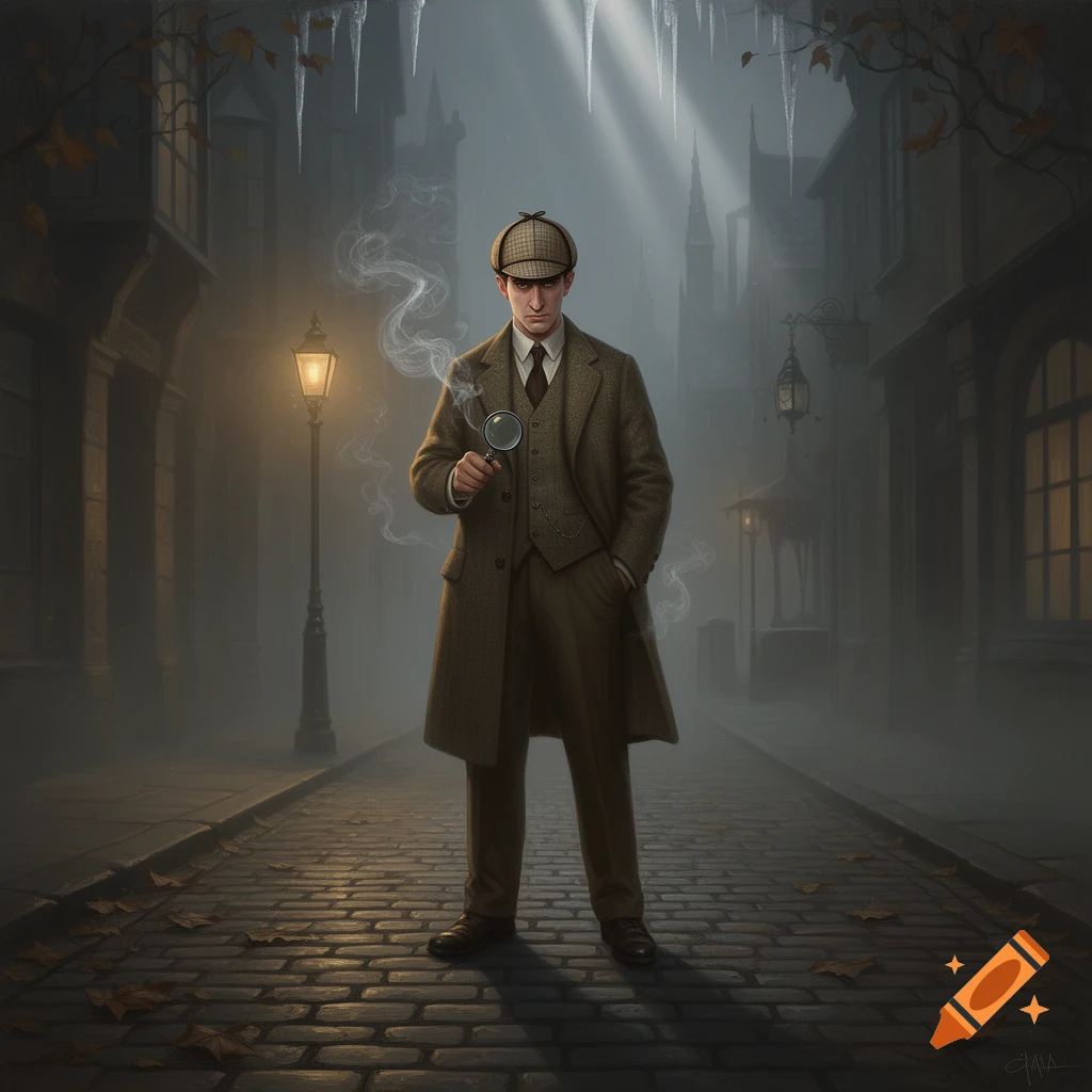 A man resembling Sherlock Holmes in a deerstalker hat and trench coat stands in a foggy, cobbled street holding a magnifying glass.