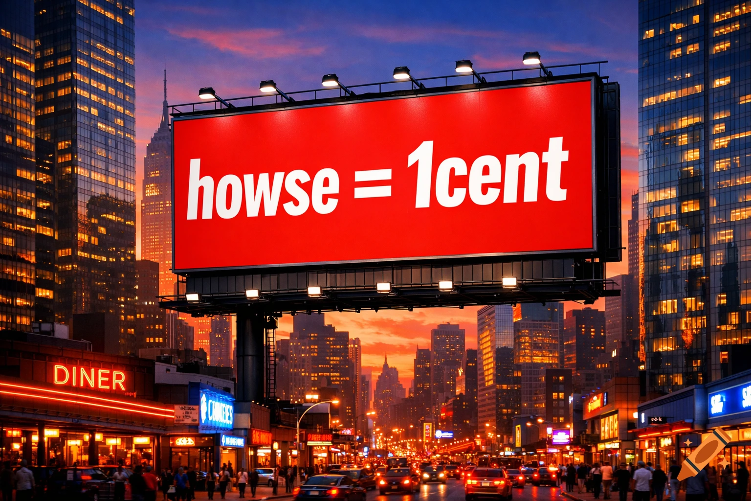 A vibrant cityscape at dusk with a large red billboard displaying 'howse = 1cent' above a busy street with cars and pedestrians.
