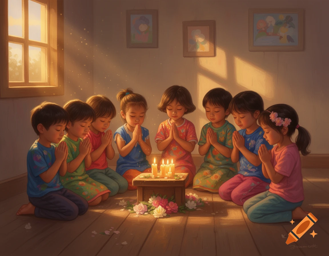 Seven young children kneel and pray around lit candles and flowers, bathed in warm sunlight from a window, in a serene, painterly style.