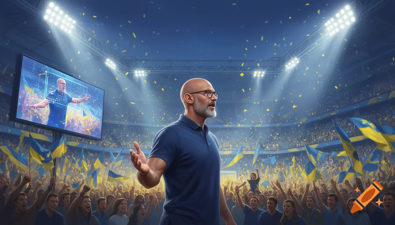 Bald man in blue polo shirt speaking to a cheering stadium crowd with blue and yellow flags and confetti, his image on a large screen.