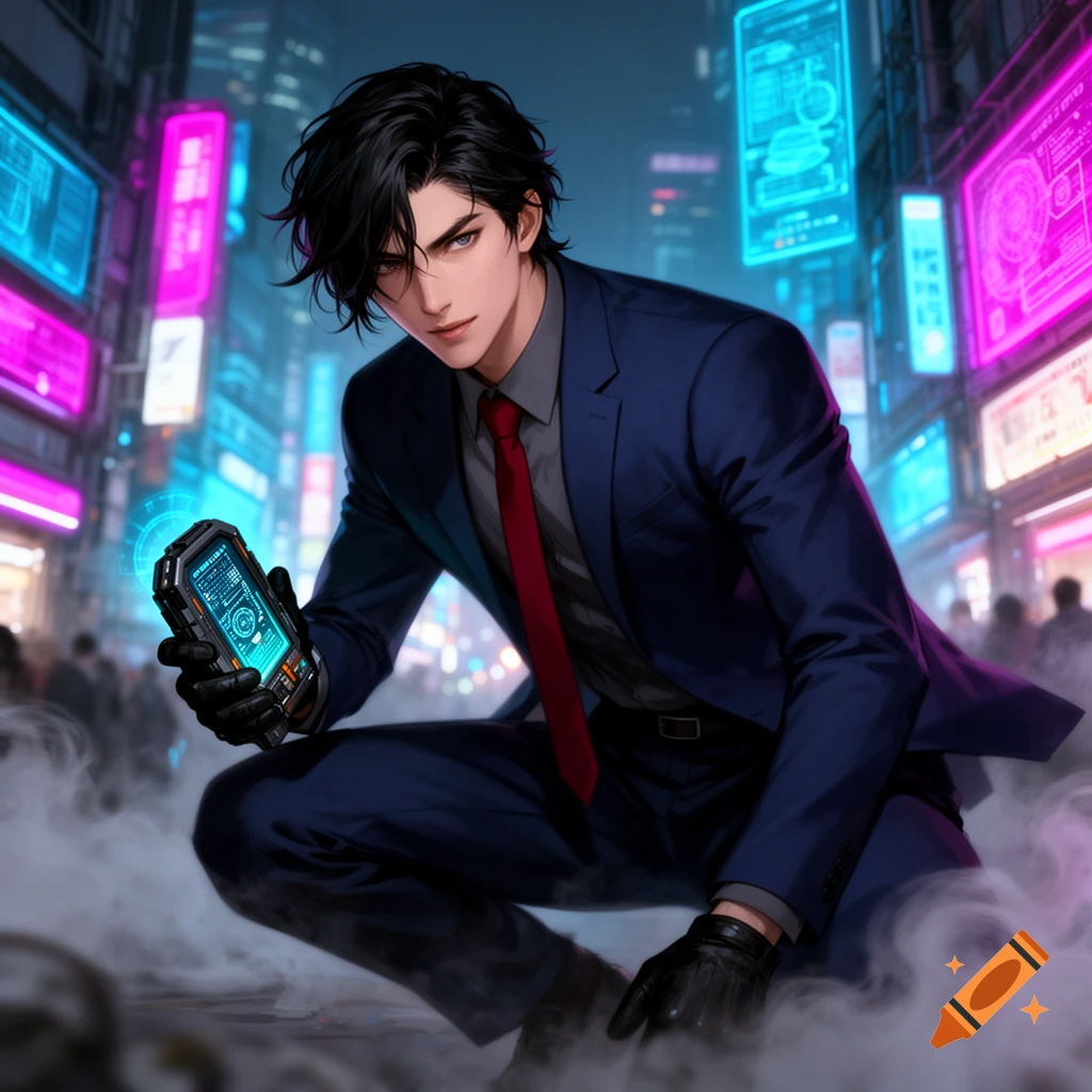 An anime man in a suit crouches in a neon-lit futuristic city, holding a glowing data device, with smoke around him.