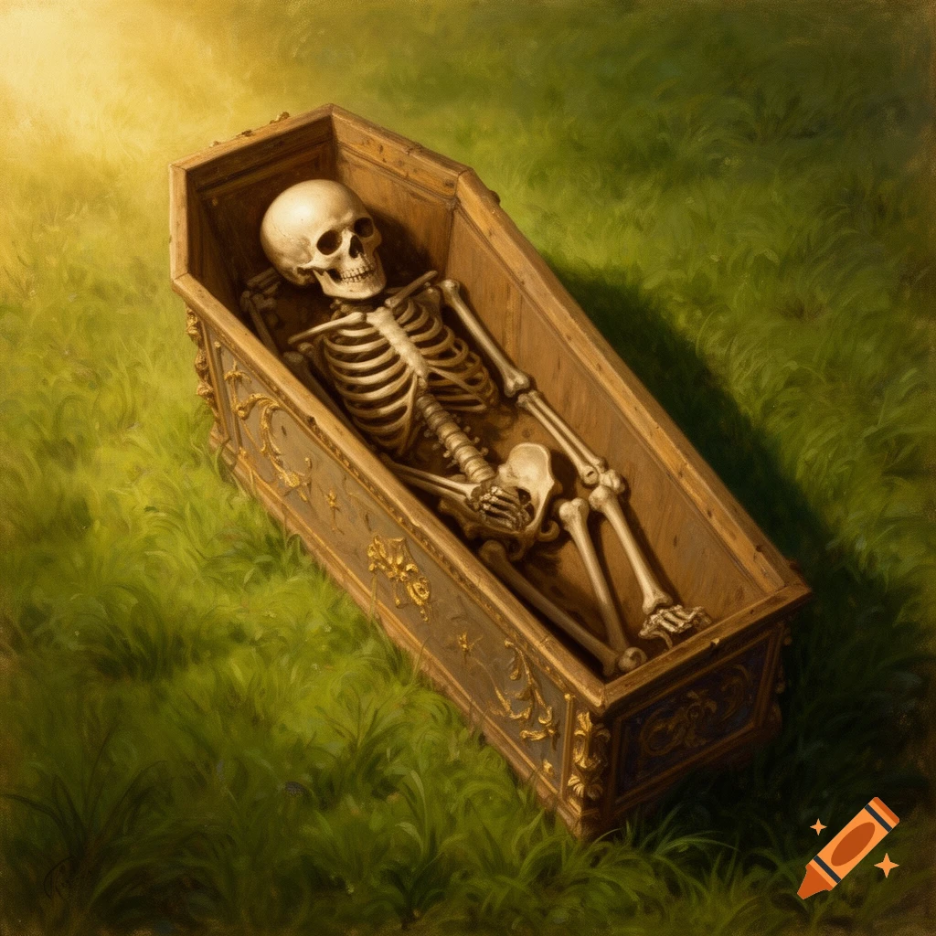 A skeleton lies in an ornate wooden coffin placed on green grass, rendered in a renaissance painting style.