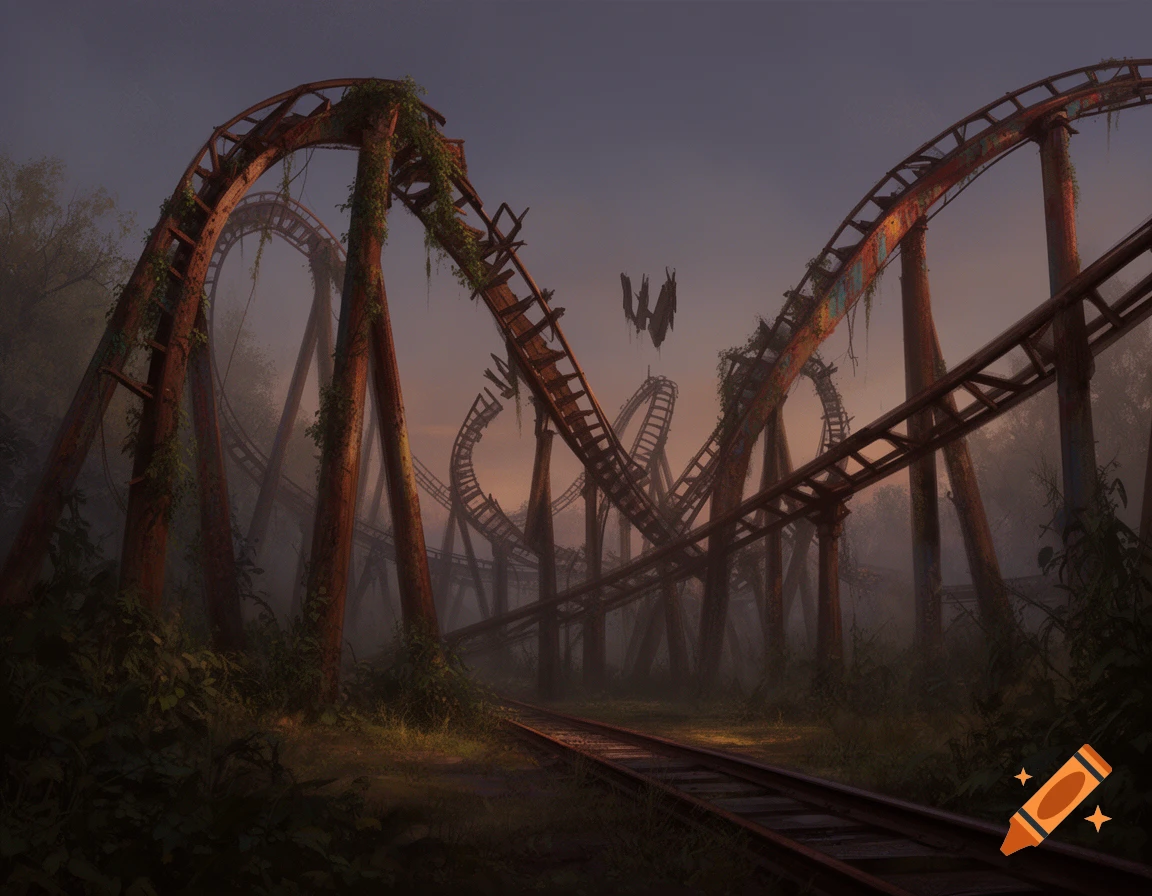 A moody, misty landscape features an overgrown, rusty, abandoned roller coaster track winding through a forest with train tracks in the foreground.