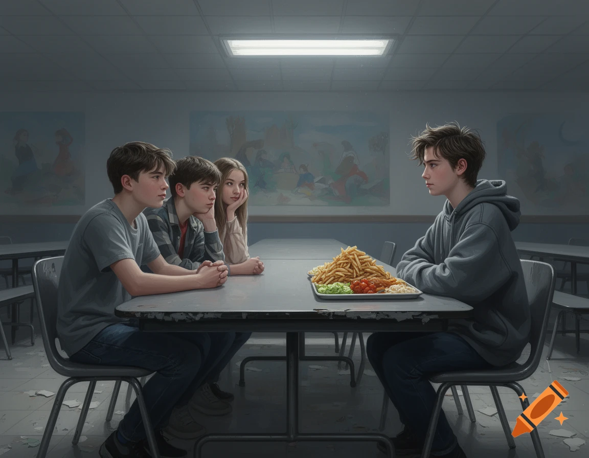 Digital illustration of four middle school students in a dreary cafeteria, three facing one across a table with a plate piled high with food.