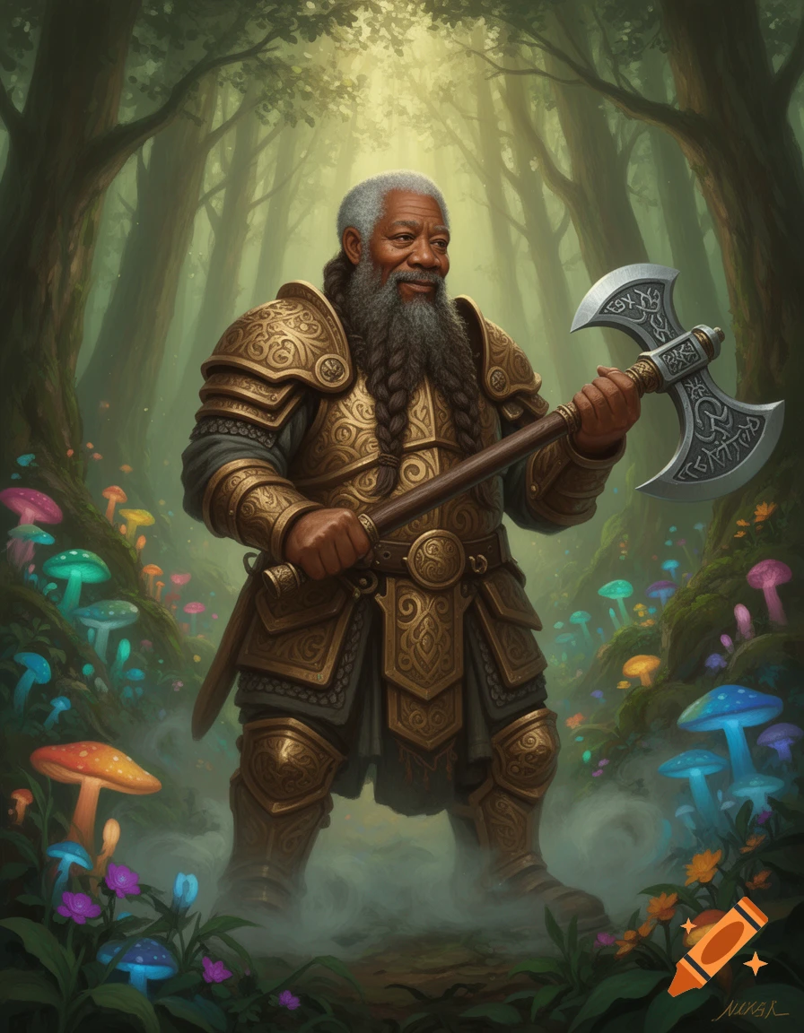 A fantasy painting of Morgan Freeman as a dwarf in golden armor, holding an axe, standing in an enchanted forest with glowing mushrooms.