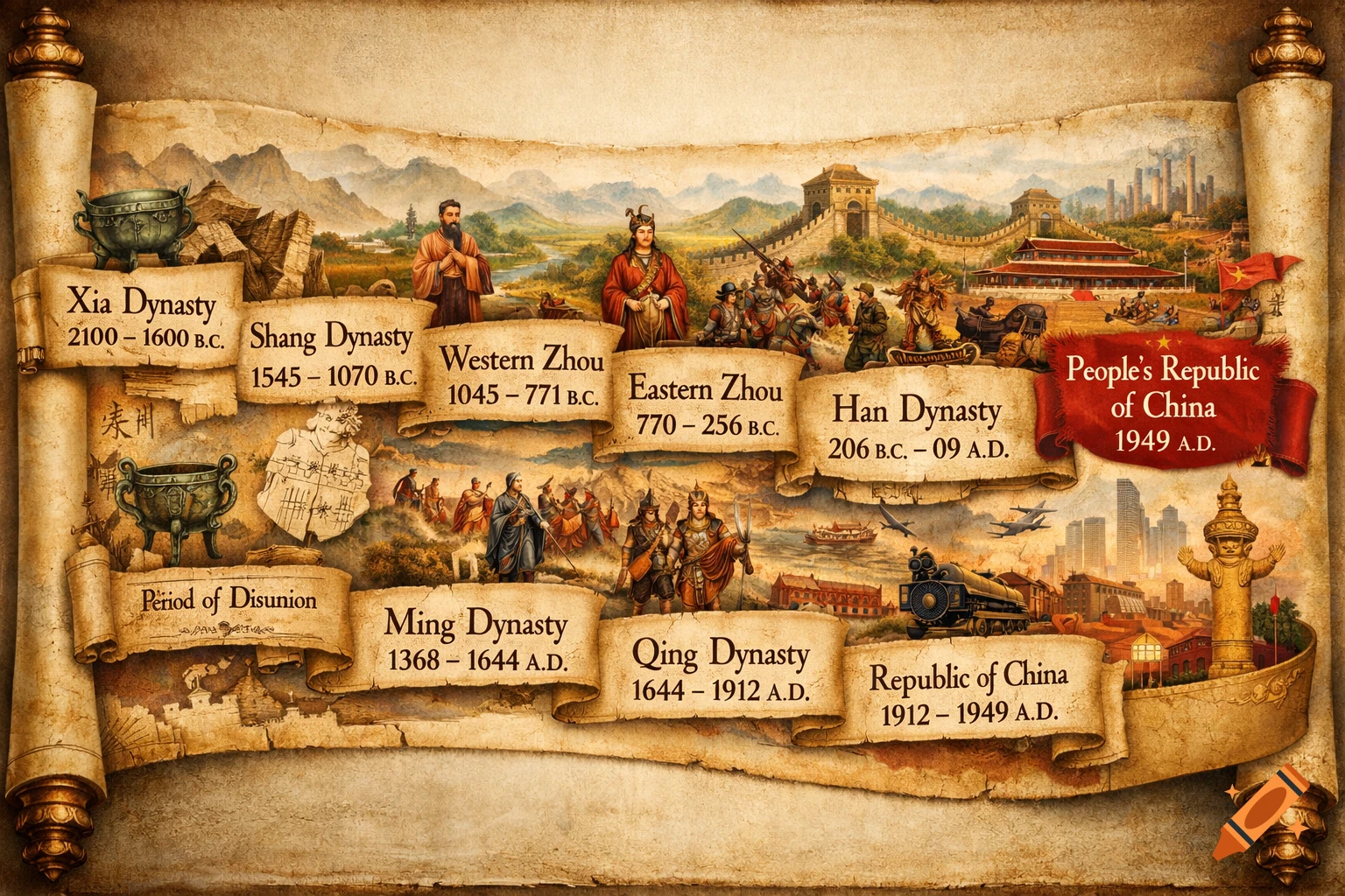 An illustrated historical timeline of Chinese dynasties on an old scroll, featuring periods like Xia, Shang, Zhou, Han, Ming, Qing, and the Republics, with corresponding dates and scenes of figures, landscapes, and architecture.