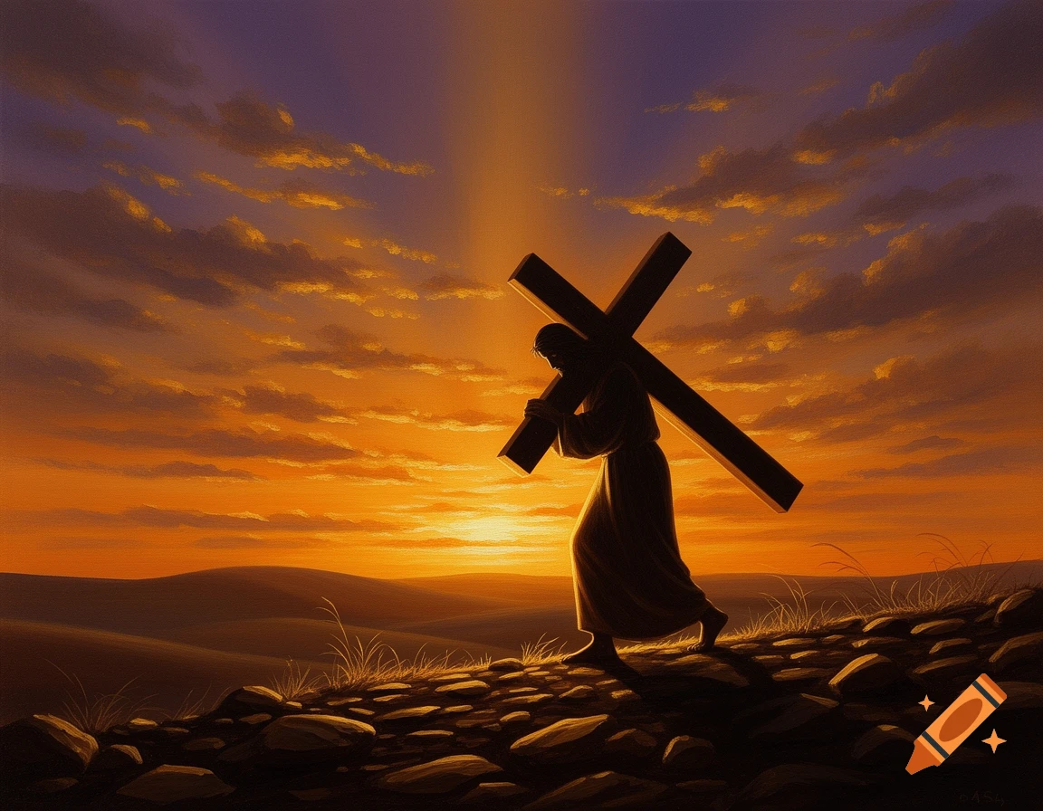 Silhouette of Jesus carrying a large wooden cross uphill against a vibrant orange and purple sunset sky, with light rays descending.