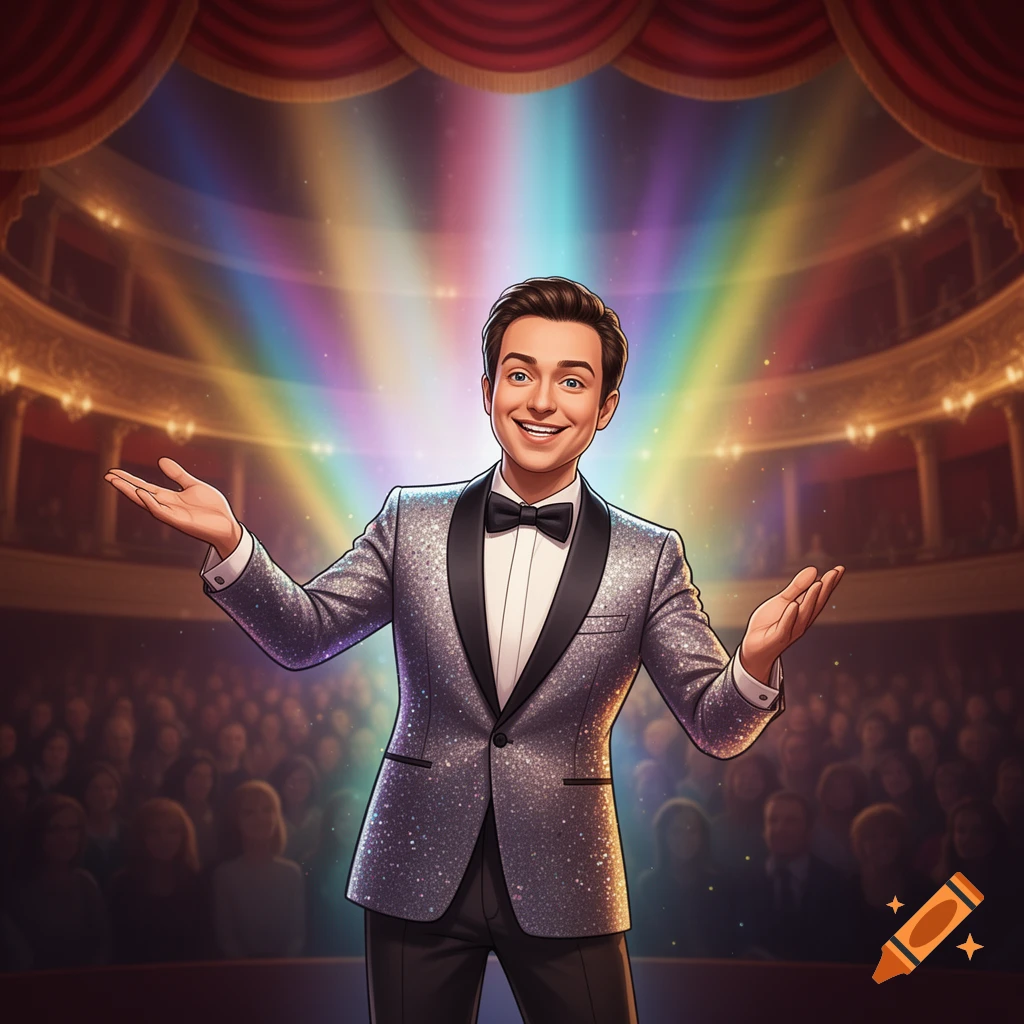 A smiling cartoon man in a sparkling silver tuxedo with outstretched arms on a grand theater stage under rainbow spotlights, with an audience in the background.
