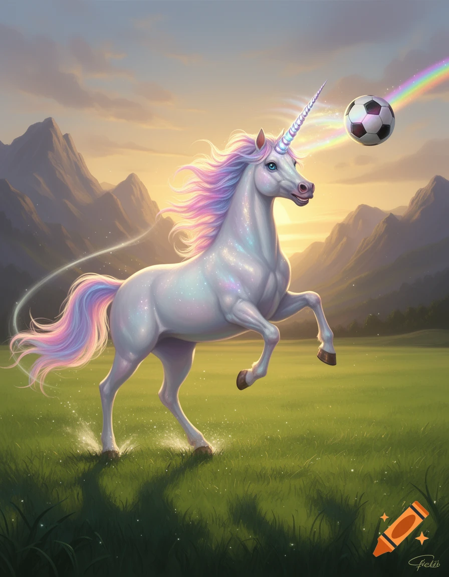 A majestic white unicorn with a rainbow mane plays soccer by bouncing a ball off its glowing horn in a vibrant, sunset-lit fantasy landscape.