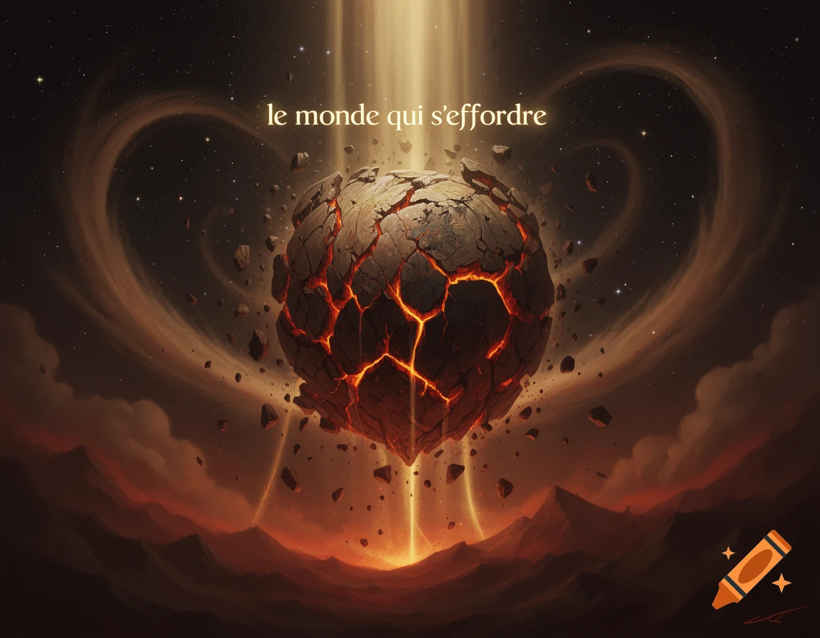 A cracking, glowing planet in a dramatic cosmic scene with fiery landscape and text 'le monde qui s'effondre'.
