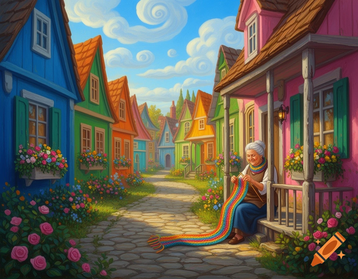 An old woman knits a long rainbow scarf on the porch of a pink house in a vibrant, colorful village with fairy tale-like houses.