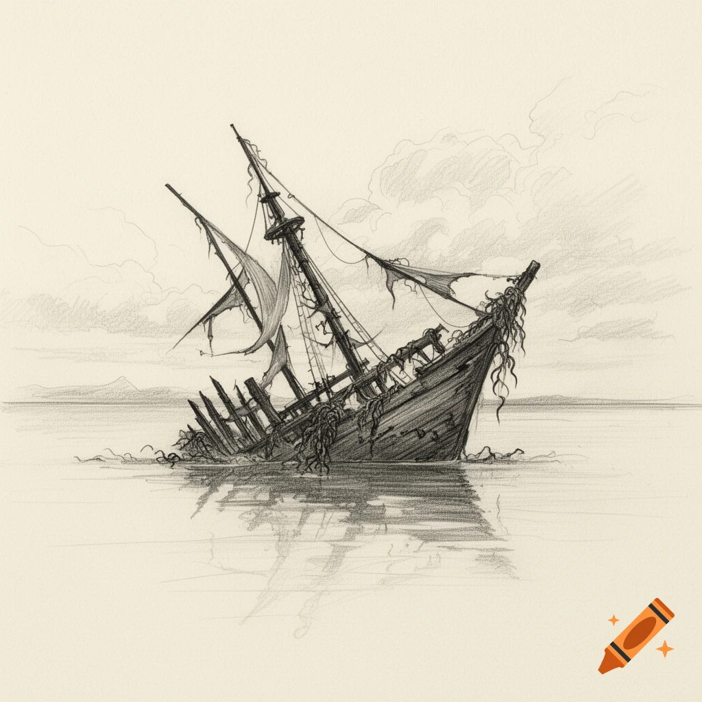 A detailed pencil sketch of a dilapidated shipwreck in calm water, with torn sails and ropes, under a cloudy sky.