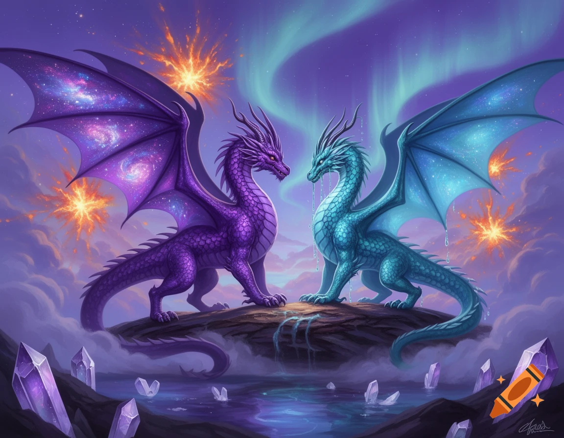Vibrant fantasy illustration of a purple cosmic dragon and a blue water ...