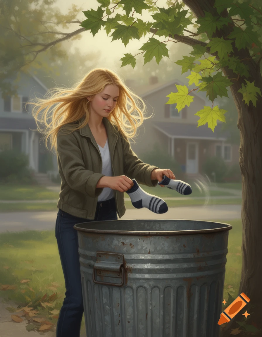 A blonde woman in a jacket and jeans throws socks into a metal trash can under a leafy tree, with houses in the background.