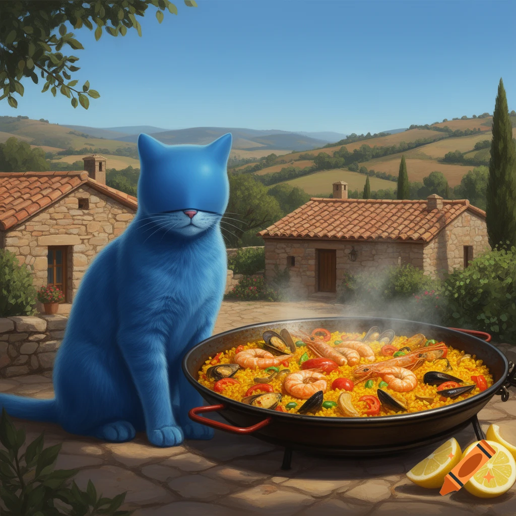 A large, realistic blue cat with a smooth, Doraemon-like head sits next to a steaming paella dish filled with seafood and rice in a sunny, hilly rural landscape with stone houses.