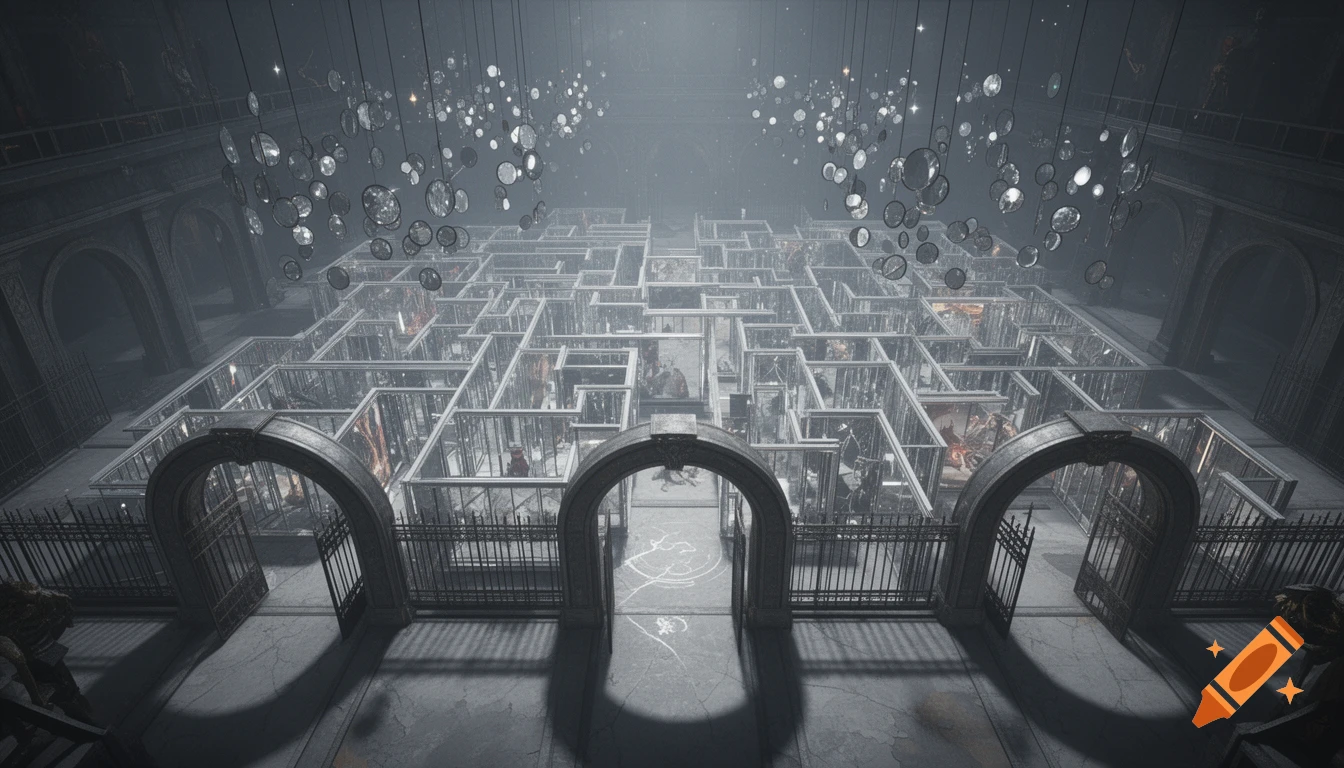 A dark, top-down view of an elaborate maze made of mirrored and caged rooms, with hanging mirrors and large arched entrances.