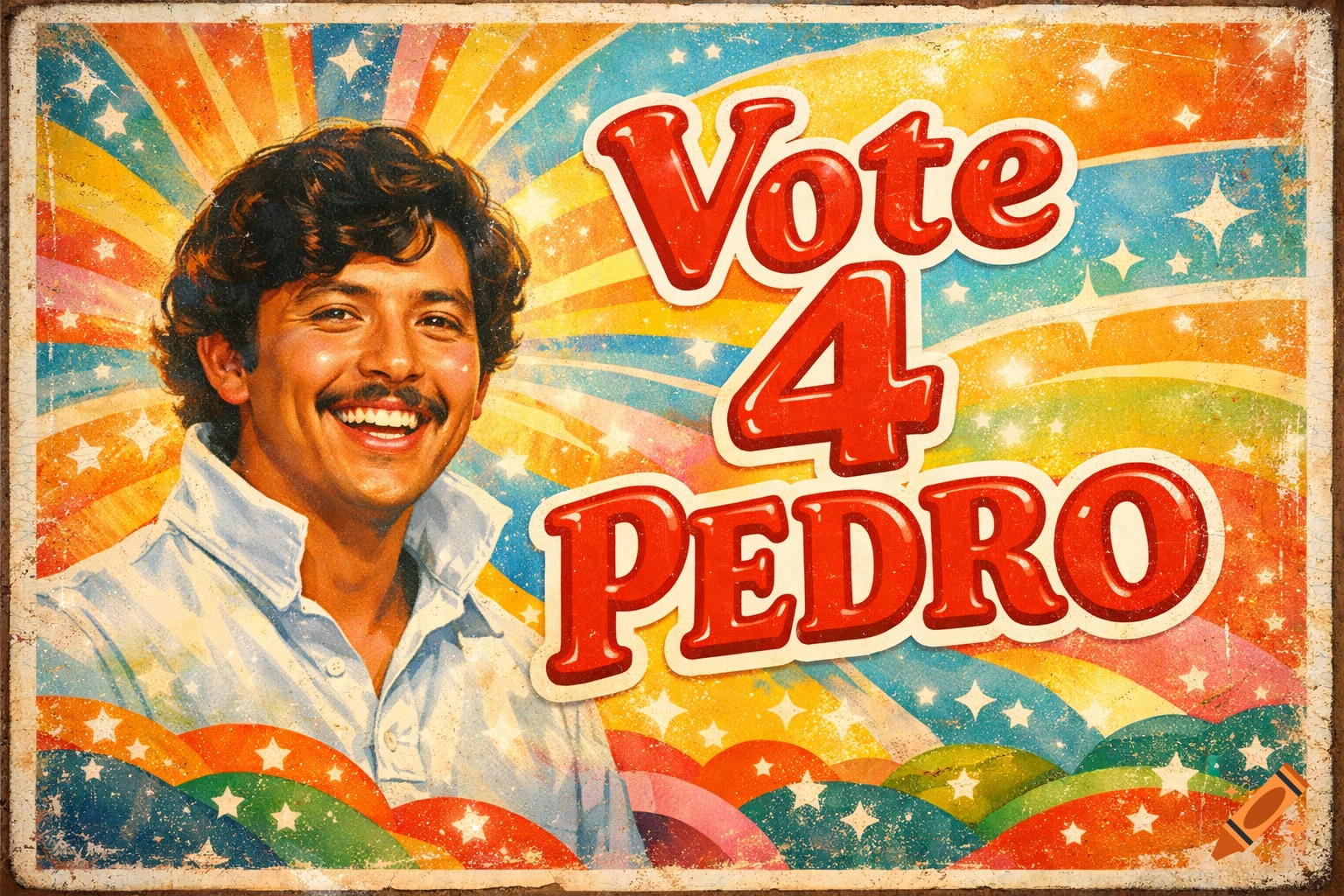 A colorful vintage-style campaign poster shows a smiling man with a mustache and the text 'Vote 4 Pedro'.