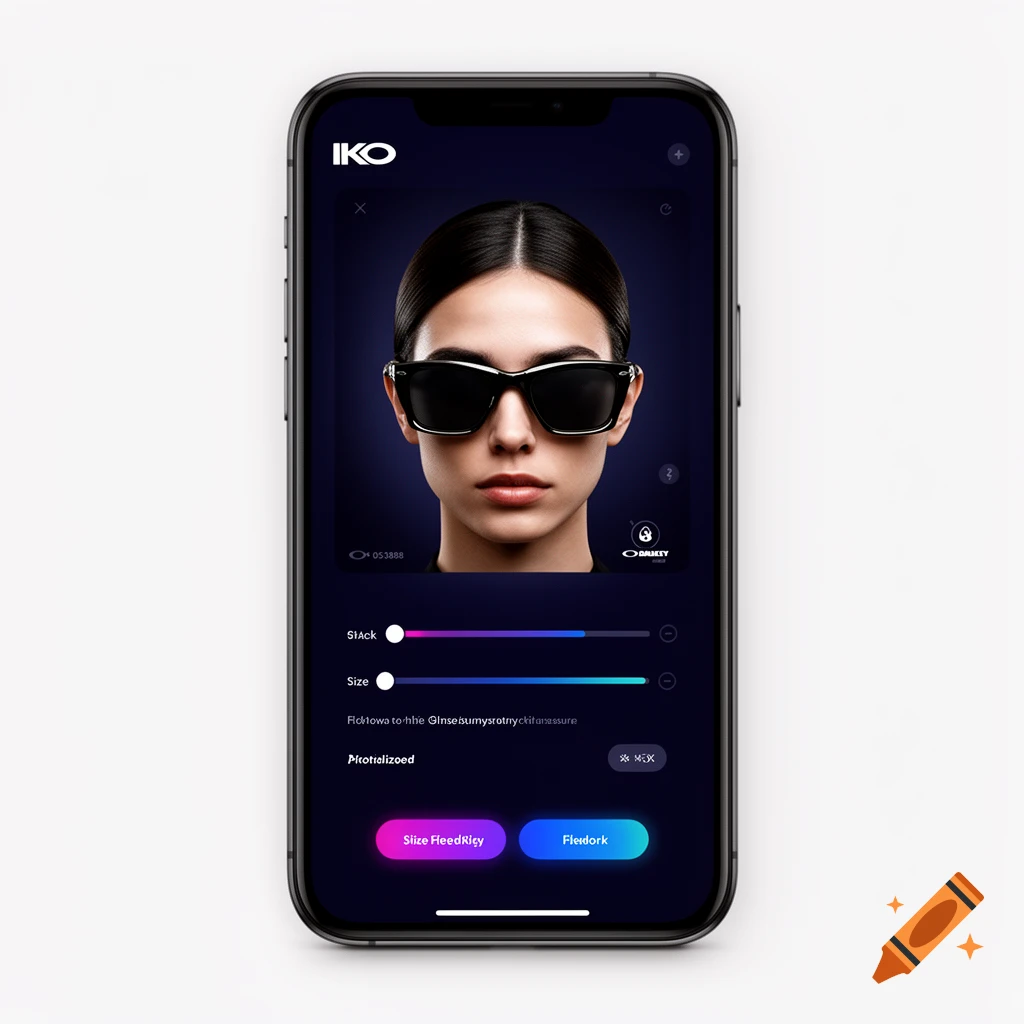 A woman wears black sunglasses on a smartphone screen displaying a virtual try-on app for IKO and Oakley brands.