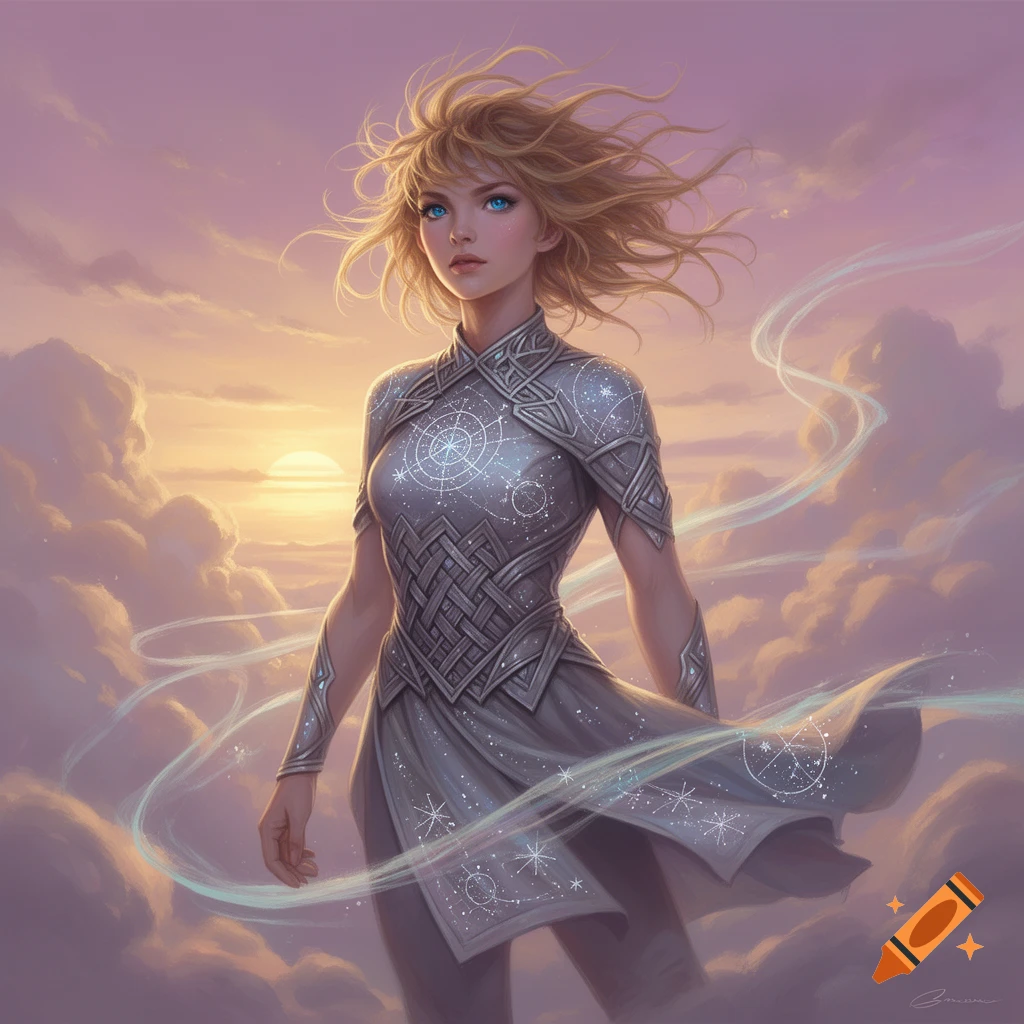 A female fantasy character with blonde hair and blue eyes, wearing ornate silver armor, stands among clouds at sunset with glowing wisps around her.