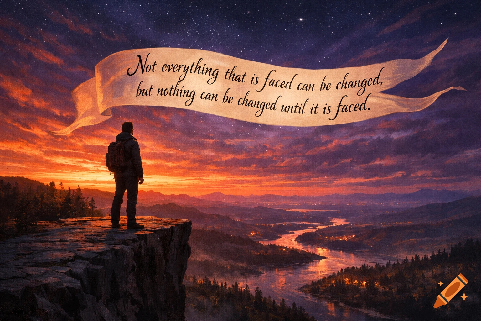 A lone figure stands on a cliff overlooking a vibrant sunset landscape with a river and distant town lights. An inspirational quote on a banner floats in the starry sky.