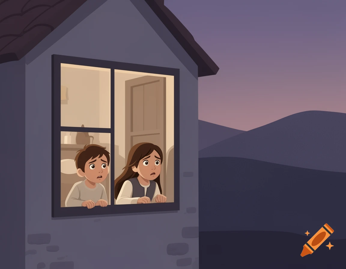 A cartoon of two anxious children peering out a window of a house at twilight, with dark hills in the background.