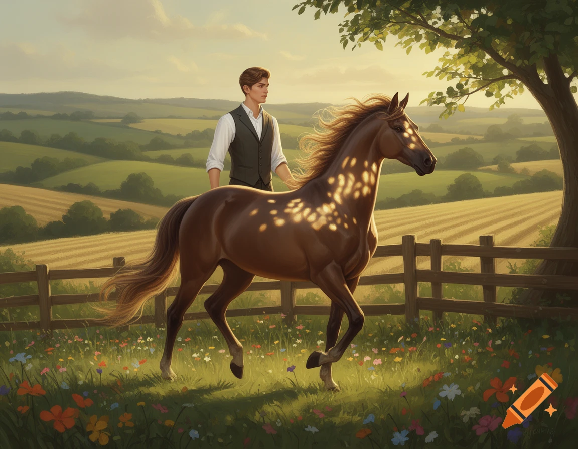 A man in a vest walks a brown horse through a sun-dappled wildflower field in a green, rolling countryside at sunset.